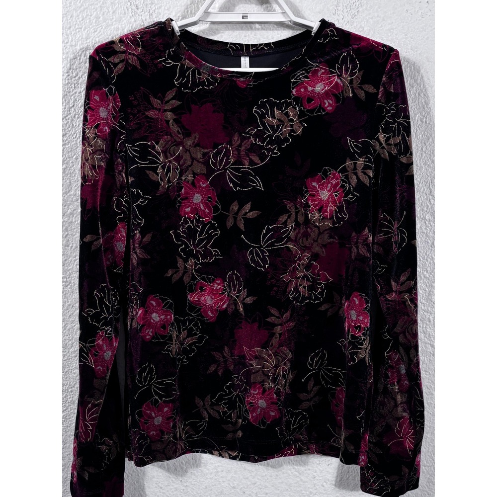 Y2K White Stag Top Womens Medium Red Floral Velvet Long Sleeve Crew Neck Blouse